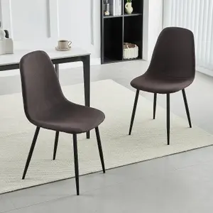 Set of 2 Brown Linen Fabric Dining Chairs with Upholstered Seat and Metal Legs-Bella by MCC