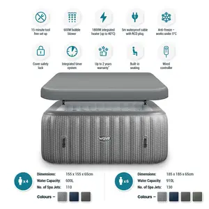 Wave Pacific, 4-Person Inflatable Hot Tub, Integrated Heater, Grey Rattan