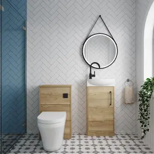 Cloakroom Suite - Right Hand 440mm Vanity, WC Unit, Toilet and Tap - Oak/Black