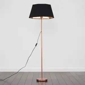 ValueLights Modern Standard Floor Lamp In Copper Metal Finish With Black/Copper Geometric Shade - With LED GLS Bulb in Warm White