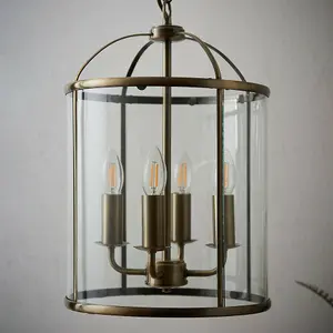 4 Light Hanging Ceiling Pendant Brass & Glass Lantern Shade Lamp Bulb Holder