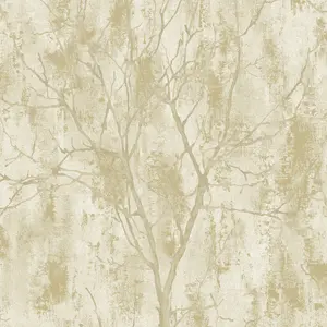 Grandeco Venetian Tree Textured Distressed Concrete Stone Wallpaper, Gold