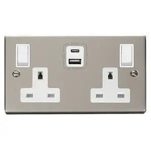 Pearl Nickel 2 Gang 13A Type A & C USB Twin Double Switched Plug Socket - White Trim - SE Home