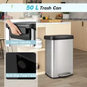 Costway 50L Rectangular Trash Garbage Can Stainless Steel Step Trash Bin Recycling w/ Pedal