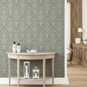 Stag Damask Sage Green Wallpaper