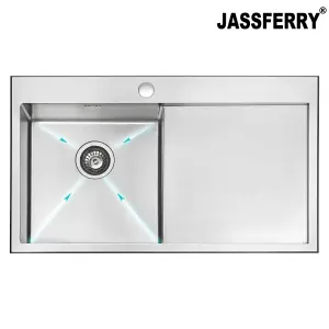 JASSFERRY 16 Gauge Stainless Steel Kitchen Sink Inset Handmade Right Hand Drainer