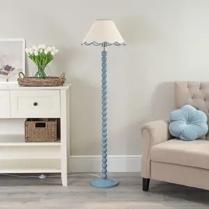 ValueLights Bobbles Powder Blue Bobbin Floor Lamp with Blue Trim Scallop Shade - LED Bulb Included