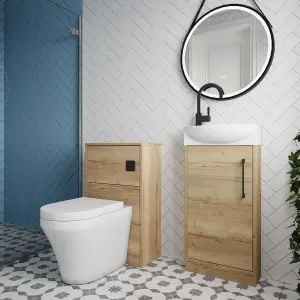 Cloakroom Suite - Right Hand 440mm Vanity, WC Unit, Toilet and Tap - Oak/Black