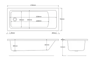 SunDaze 1700 x 700mm Gloss White Acrylic Rectangular Straight Bath Single Ended