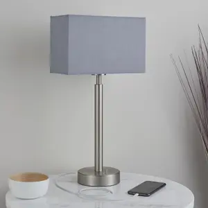 Table Lamp Matt Nickel Plate & Grey Fabric 60W E27 Base & Shade e10648