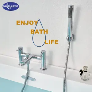 BATHWEST Bath Tap with Shower Waterfall Bathroom Taps with Shower Attachment Solid Brass Chrome Modern Flat Dual Lever