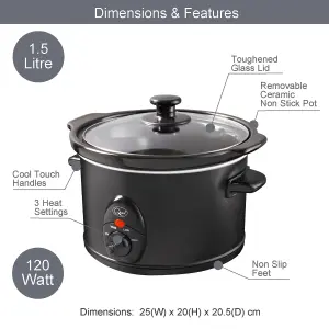 Quest 1.5 Litre Slow Cooker - Black - 3 Temperature Settings - Glass Lid - Dishwasher Safe