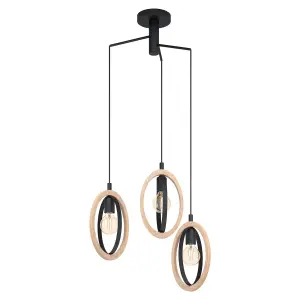 Hanging Ceiling Pendant Light Black & Wood Hoop Shade 3x 40W E27 Bulb