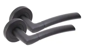 Golden Grace Indiana Style Modern Matt Black Finish Lever Latch Door Handles on Rose Internal Packs (Bathroom Set Incl. Hinges)