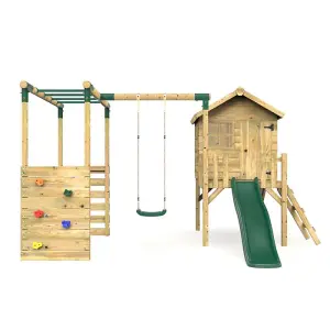 Rebo Orchard 4ft Wooden Children's Playhouse, Swings, Monkey Bars, Deck & 6ft Slide - Single Swing - Solar Green