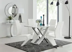 Furniturebox UK Mayfair 4 White High Gloss And Stainless Steel Dining Table And 4 White Luxury Willow Chairs Set