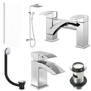 Modern Bathroom Suite Chrome Shower Screen, Chrome Shower Kit, Bath Filler Basin Tap Set & Wastes