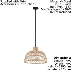 Hanging Ceiling Pendant Light Wicker Wood 1 x 40W E27 Hallway Feature Lamp