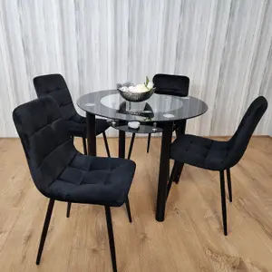 Round Glass Black Kitchen Dining Table With Storage Shelf And 4 Black Tufted Velvet Chairs Kitchen Dining Set