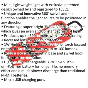 Lightweight Swivel Inspection Light - 3W COB & 1W SMD LED - Rechargeable - Red