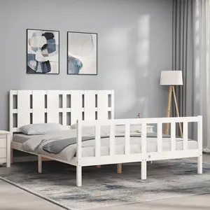 Berkfield Bed Frame with Headboard White King Size Solid Wood