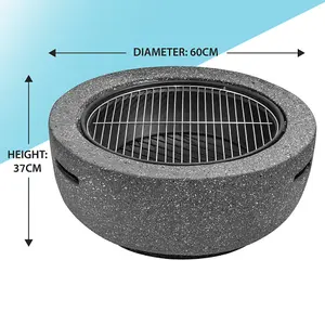 60cm Dark Grey Round Fire Pit and BBQ Grill for Garden Parties