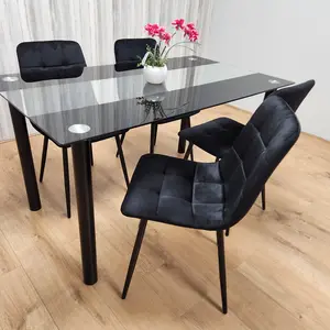 Black Clear Glass Dining Table With 4 Black Tufted Velvet Chairs Kitchen Dining Set