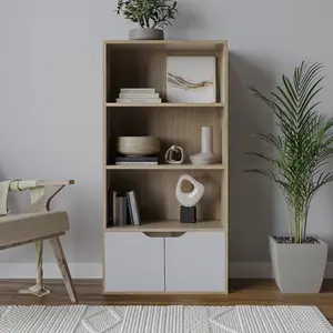 URBNLIVING Height 118Cm 4 Tier Wooden Bookcase Cupboard with Doors Storage Shelving Display Colour Oak Door Grey Cabinet Unit