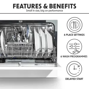 Baridi Compact Tabletop Dishwasher 6 Place Settings, 6 Programmes - White