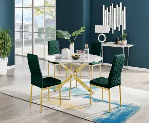 Furniturebox UK Novara White Marble Gold Leg 120cm Round Dining Table & 4 Green Velvet Milan Gold Leg Chairs