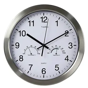 Large Bold Quartz Metal Wall Clock with Temperature & Humidity, 12'' Non Ticking Silent Sweeping Seconds