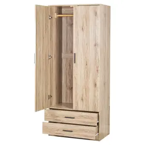 URBNLIVING 180cm Tall Wooden 2 Door Wardrobe Oak Carcass and Oak Drawers With 2 Drawers Bedroom Storage Hanging Bar Clothes