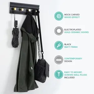 LIVIVO Wall Mounted Floating Coat Rack - Modern, Sleek, Space-Saving Clothes Hanger with 4 Hooks - Black & Gold