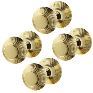 AFIT Beehive Door Knobs Polished Brass - 2 Pairs of Reeded Mortice Knobs (55mm) for Internal Doors