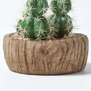 Homescapes Echinocactus Artificial Cactus in Round Wooden Planter, 15 cm Tall