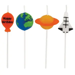 Creative Party Outer Space Happy Birthday Pick Candles (Pack of 4) Multicoloured (One Size)