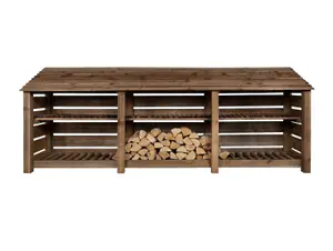 Slatted wooden log store with kindling shelf W-335cm, H-126cm, D-88cm - brown finish