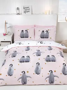 Starry Penguins Single Duvet Cover Set - Pink