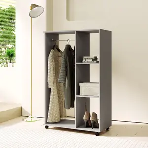 HOMCOM Rolling Open Wardrobe Hanging Rail Storage Shelves for Clothes, Grey