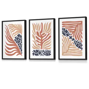 Set of 3 Framed Framed Blue and Pink Boho Abstract Floral / 30x42cm (A3) / Black