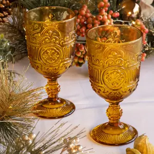 Set of 4 Embossed Blue & Golden Drinking Wine Glass Goblets 300ml