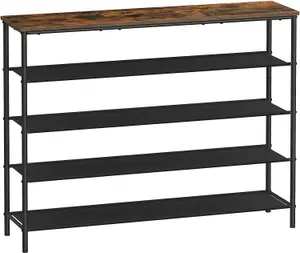 VASAGLE Shoe Storage Shelf 5 Tier, Narrow Shoe Organizer, 4 Fabric Shelves & Upper Section, Industrial, Rustic Brown & Black