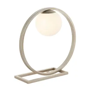 Brushed Silver Table Lamp Light - Gloss Opal Glass Shade - Circular Hoop Design