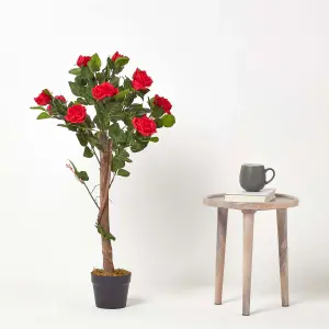 Homescapes Red Potted Rose Tree Artificial Plant with lifelike green leaves and single trunk, 90 cm