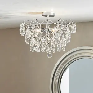 Decorative Flush Bathroom Ceiling 4 Light Fitting - Clear Glass Faceted Crystals