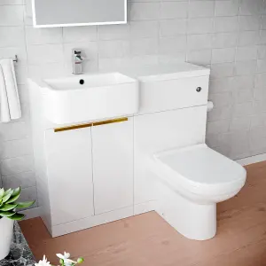 Nes Home Left Hand Basin Vanity Unit With Brushed Brass Handles, WC Unit & Toilet