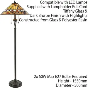 1.5m Tiffany Twin Floor Lamp Dark Bronze & Floral Stained Glass Shade i00004