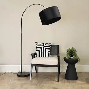 ValueLights Louis Black Arched Curved Floor Lamp with Black Velvet Drum Lamp Shade and LED Bulb