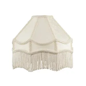 White Sleek Satin Victorian Lamp Shade with Floral Leaf Decor and White Tassels