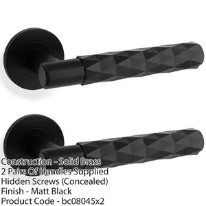 2 PACK - PAIR Diamond Lever on Round Rose Door Handle - Matt Black Concealed Screw